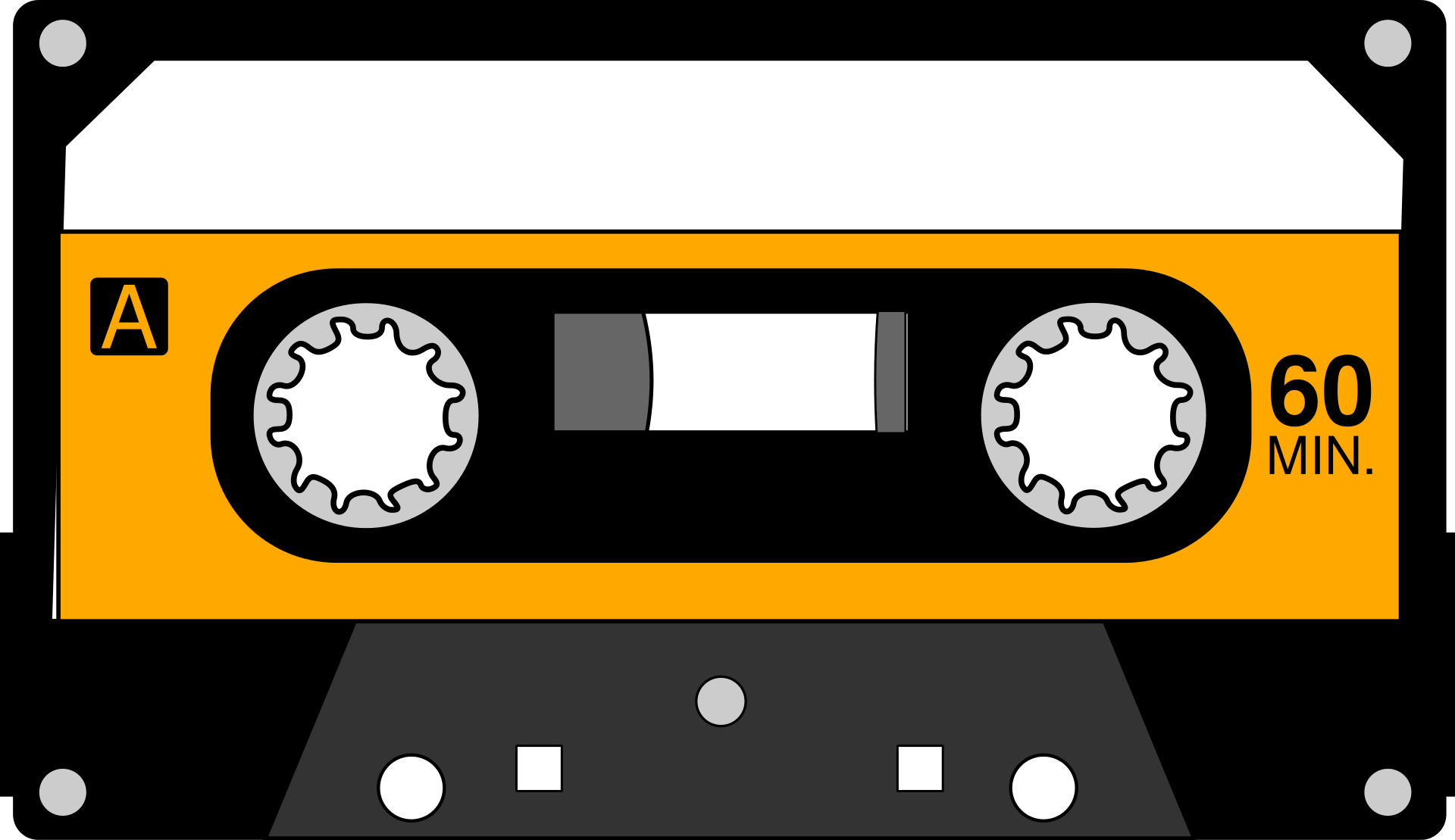 Kaseta magnetofon w kolorze czarnym, białym i pomarańczowym. Centralnie po lewej stronie znajduje się litera A oznaczająca stronę kasety. Centralnie po prawej stronie znajduje się napisy 60 minut.